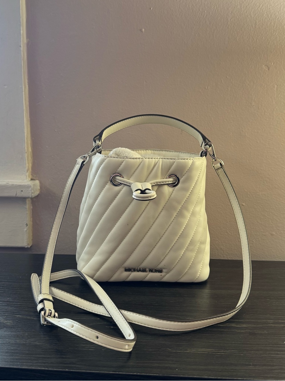 Michael Kors Cream Quilted Bucket Crossbody Bag with Top Handle